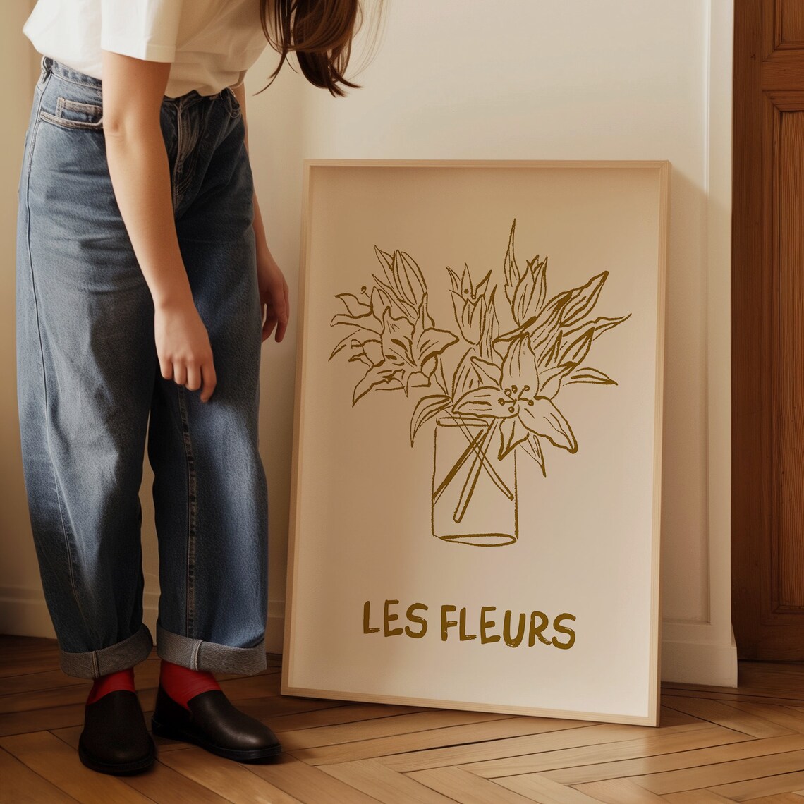Les Fleurs Gold Lily Bouquet Sketch in Glass Vase Trendy Poster - Image 5