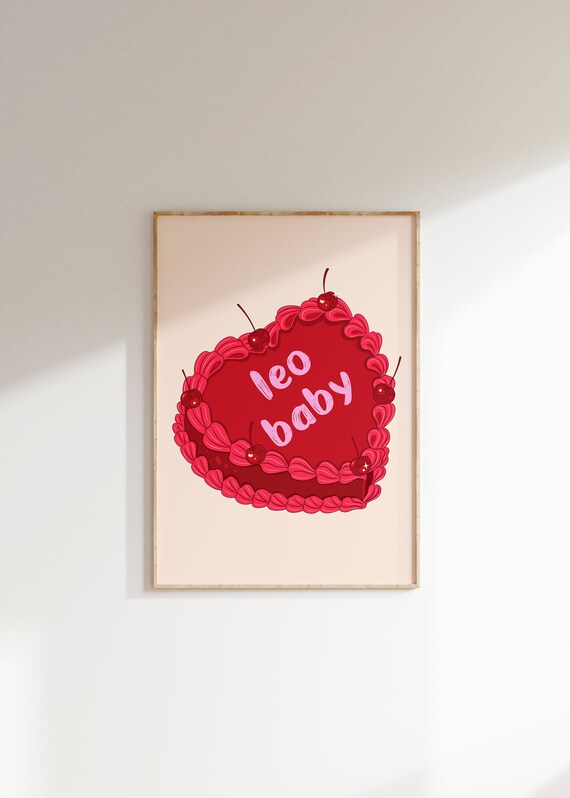 Leo Baby Red Vintage Heart Cake With Cherries Zodiac Wall Art