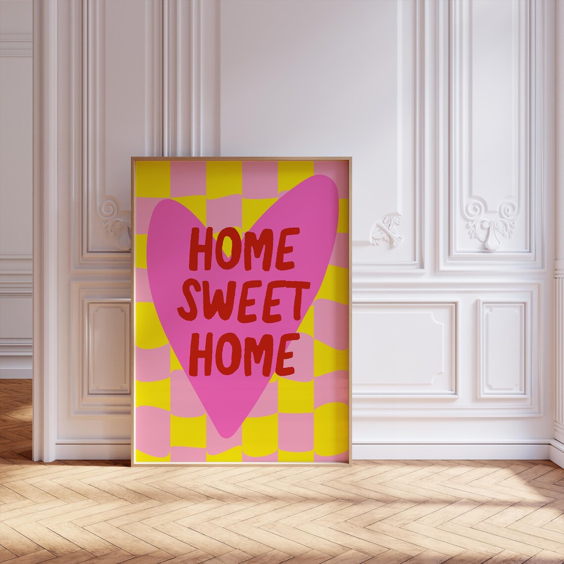 Home Sweet Home Pink Heart Yellow Checkerboard Wall Quote Poster