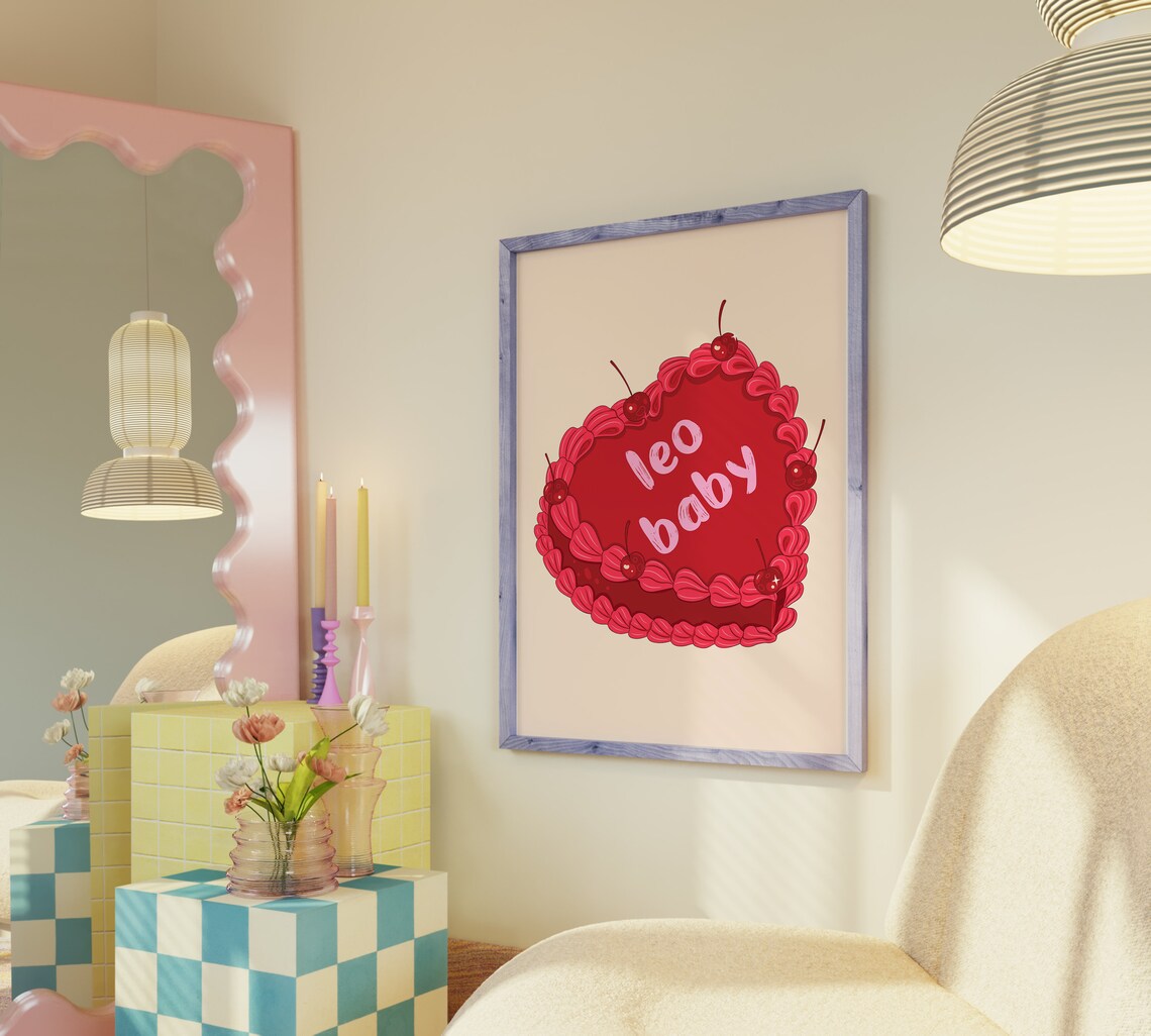 Leo Baby Red Vintage Heart Cake With Cherries Zodiac Wall Art - Image 5