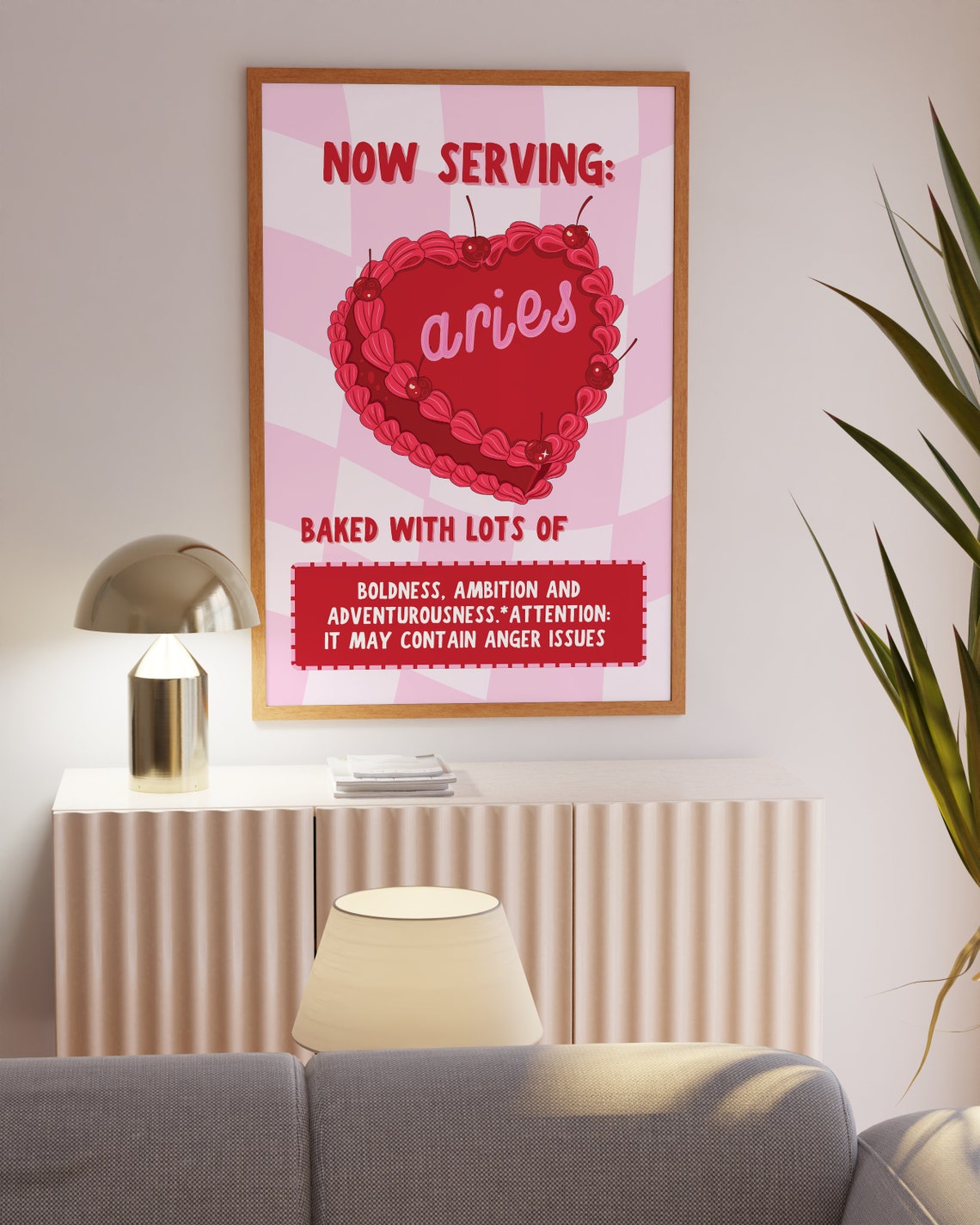 Now Serving Aries Cake Red Cherry Heart Pink Checkerboard Poster - Image 2