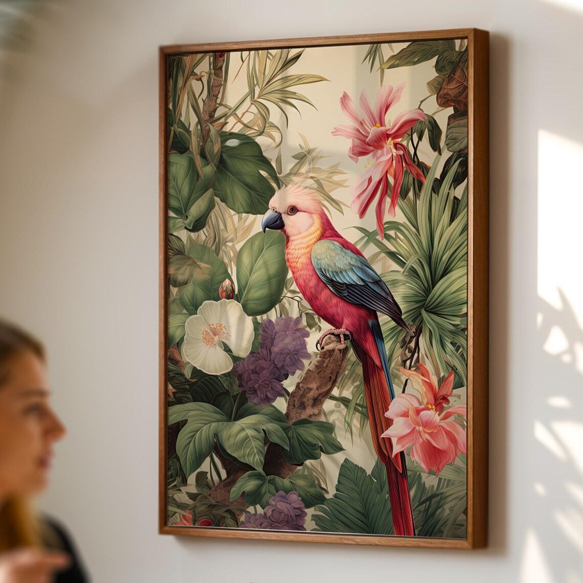 Tropical Bird Poster Exotic Parrot In Jungle Flowers Wall Art Print Illustration Boho Botanical Drawing