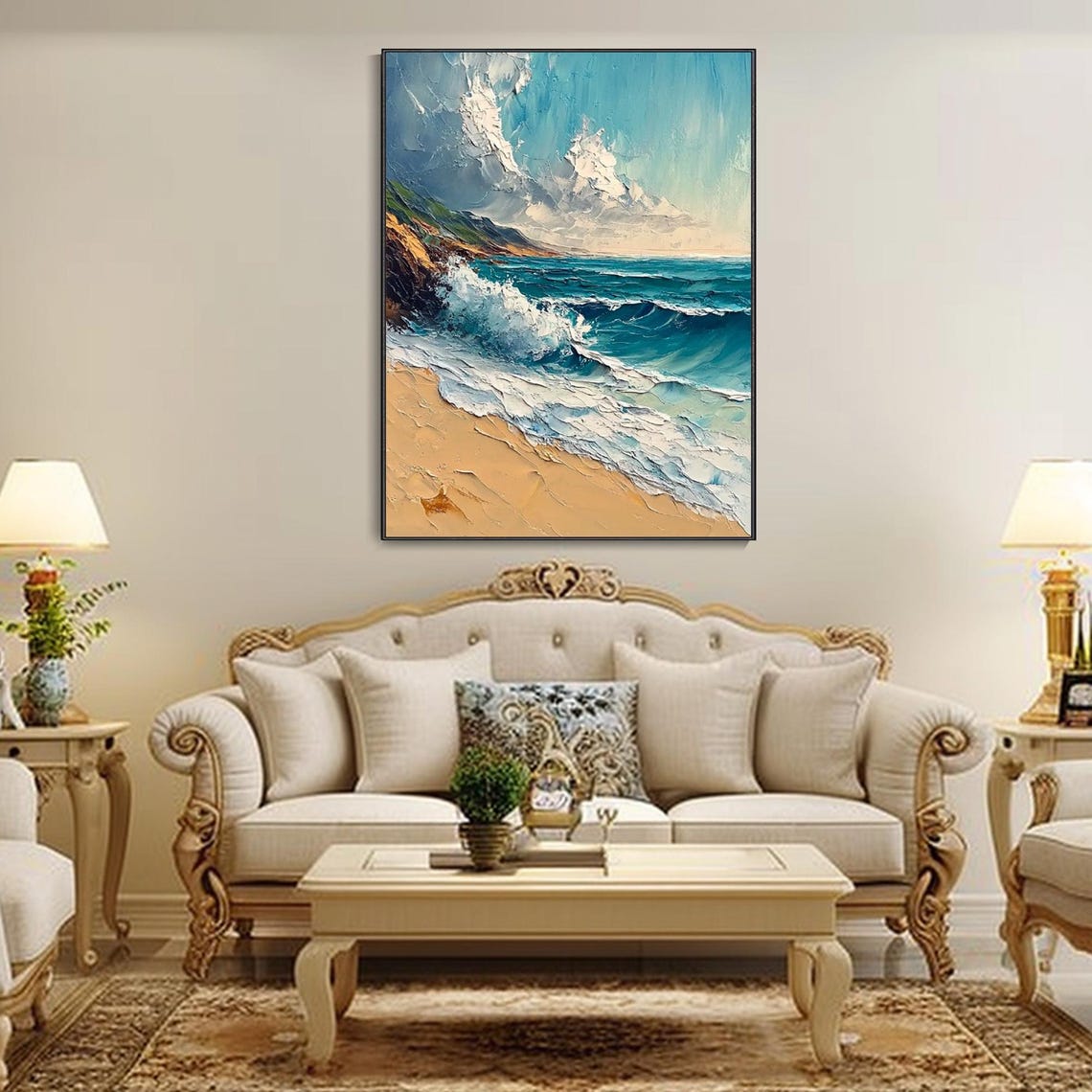 Sandy Beach Ocean Waves Crashing Cliffs Turquoise Seascape Art Poster - Image 3