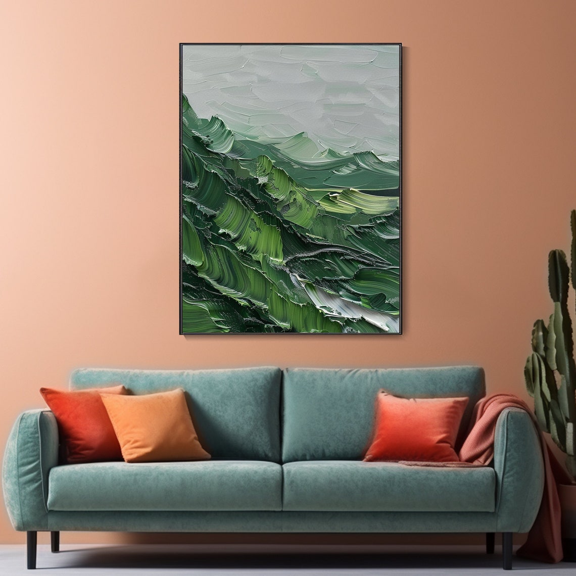 Emerald Green Mountain Ridges Misty Textured Landscape Art Poster - Image 2