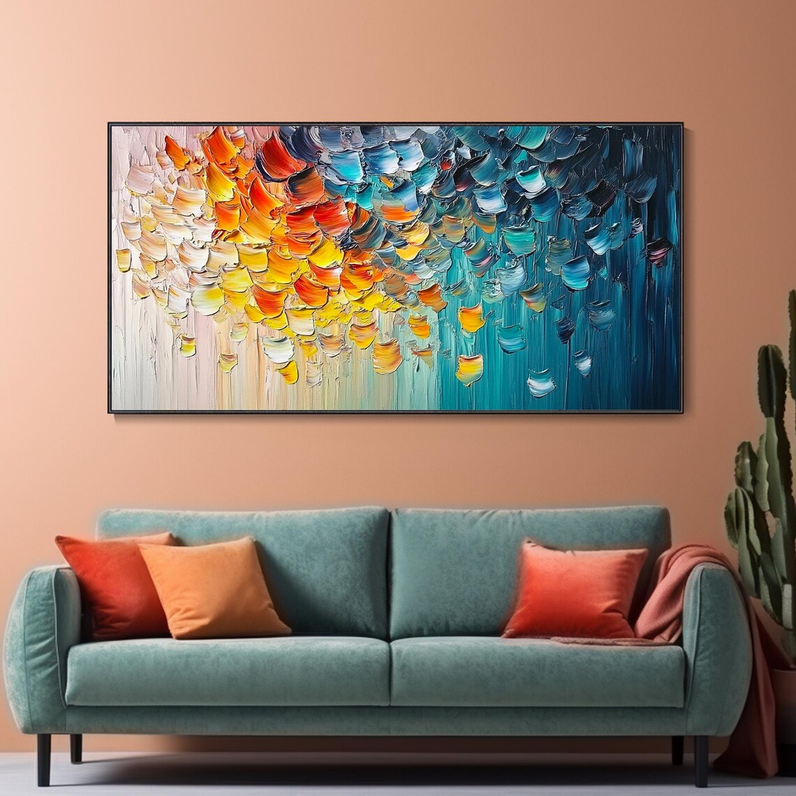 Abstract Floral Petals Ombre Blue Orange Textured Art Poster - Image 2