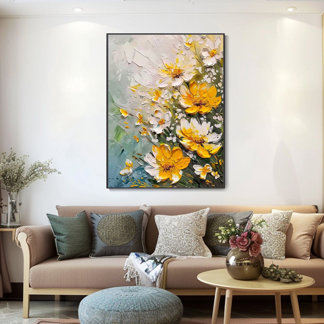 Floral Oil Painting Spring Yellow Flower Art Decor White Petal Fresh Modern Home Bedroom Wall Painting Artwork Garden Scenery Knife Painting - Image 5