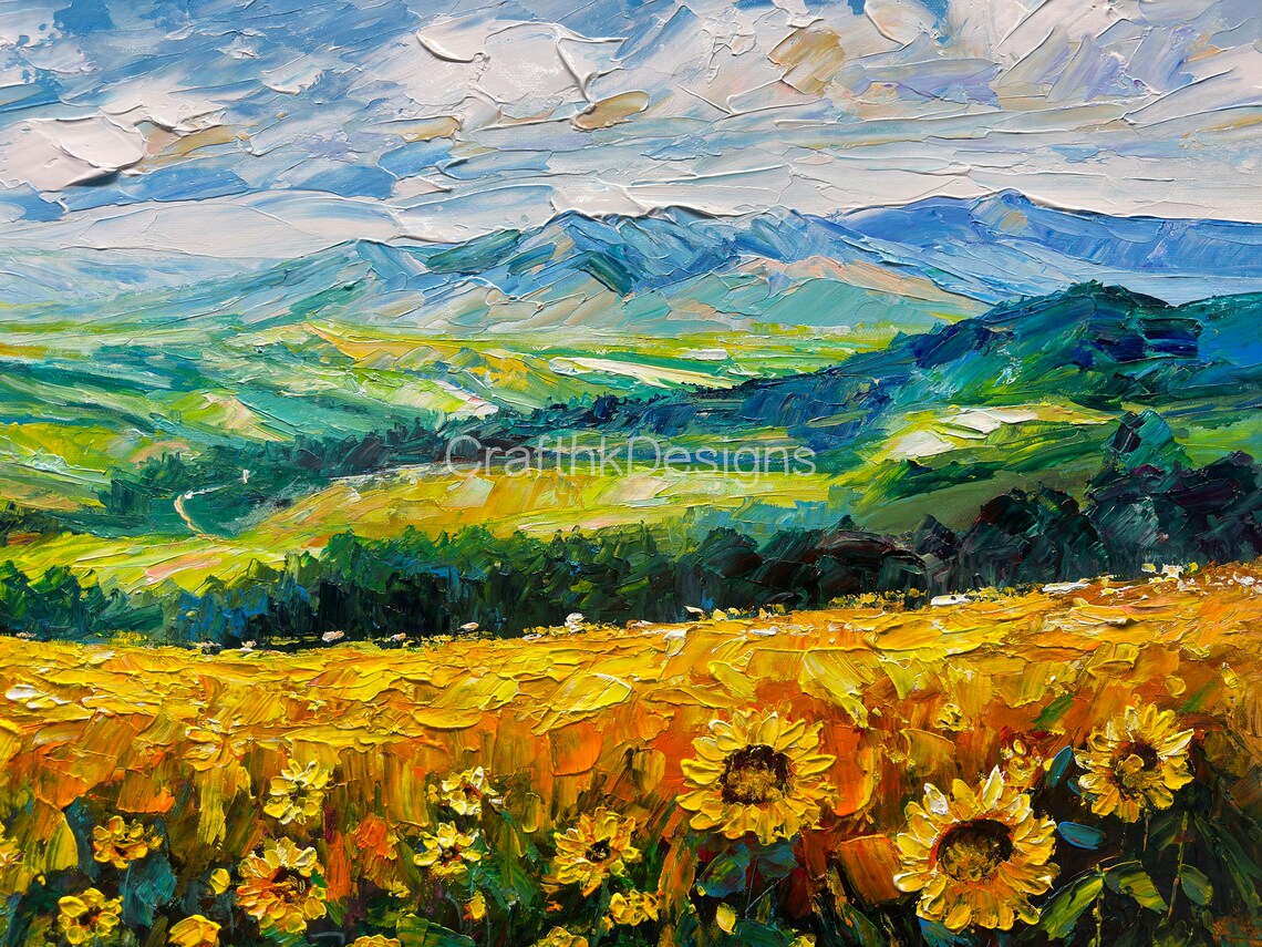 Sunflower Field Mountain Valley Blue Sky Summer Landscape Art Poster - Image 4