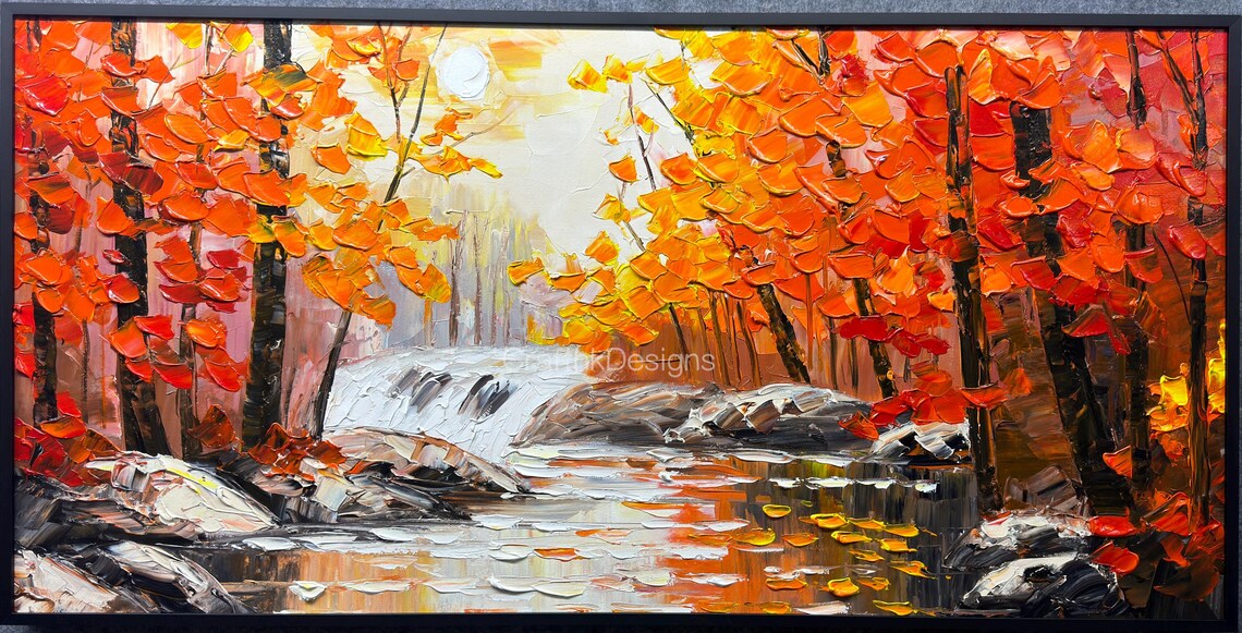 Modern Autumn Forest River Landscape Art Print - Image 3