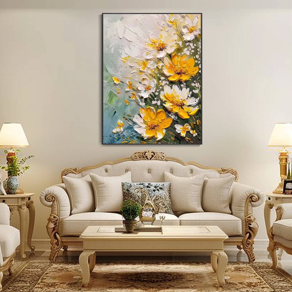 Yellow White Wildflowers Meadow Impasto Floral Oil Painting Art Print - Image 3