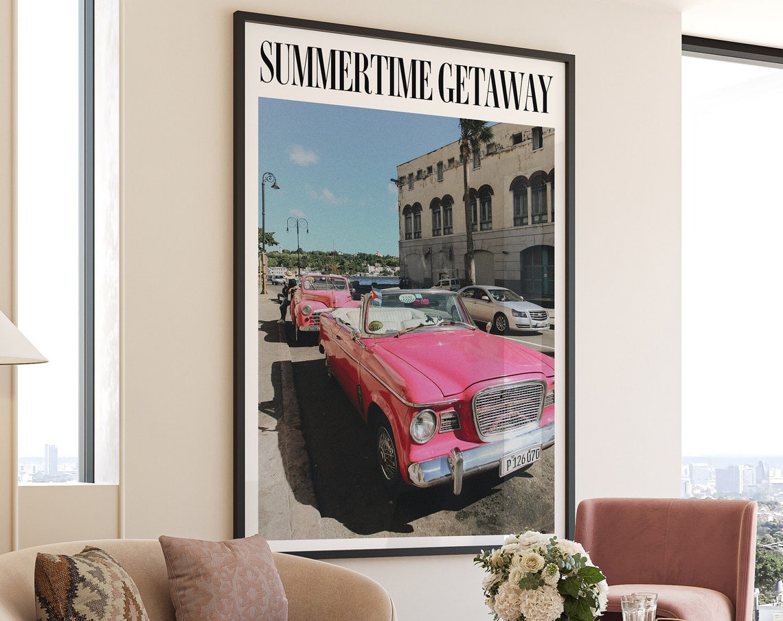 Summertime Getaway Pink Vintage Convertible Classic Car Poster - Image 4