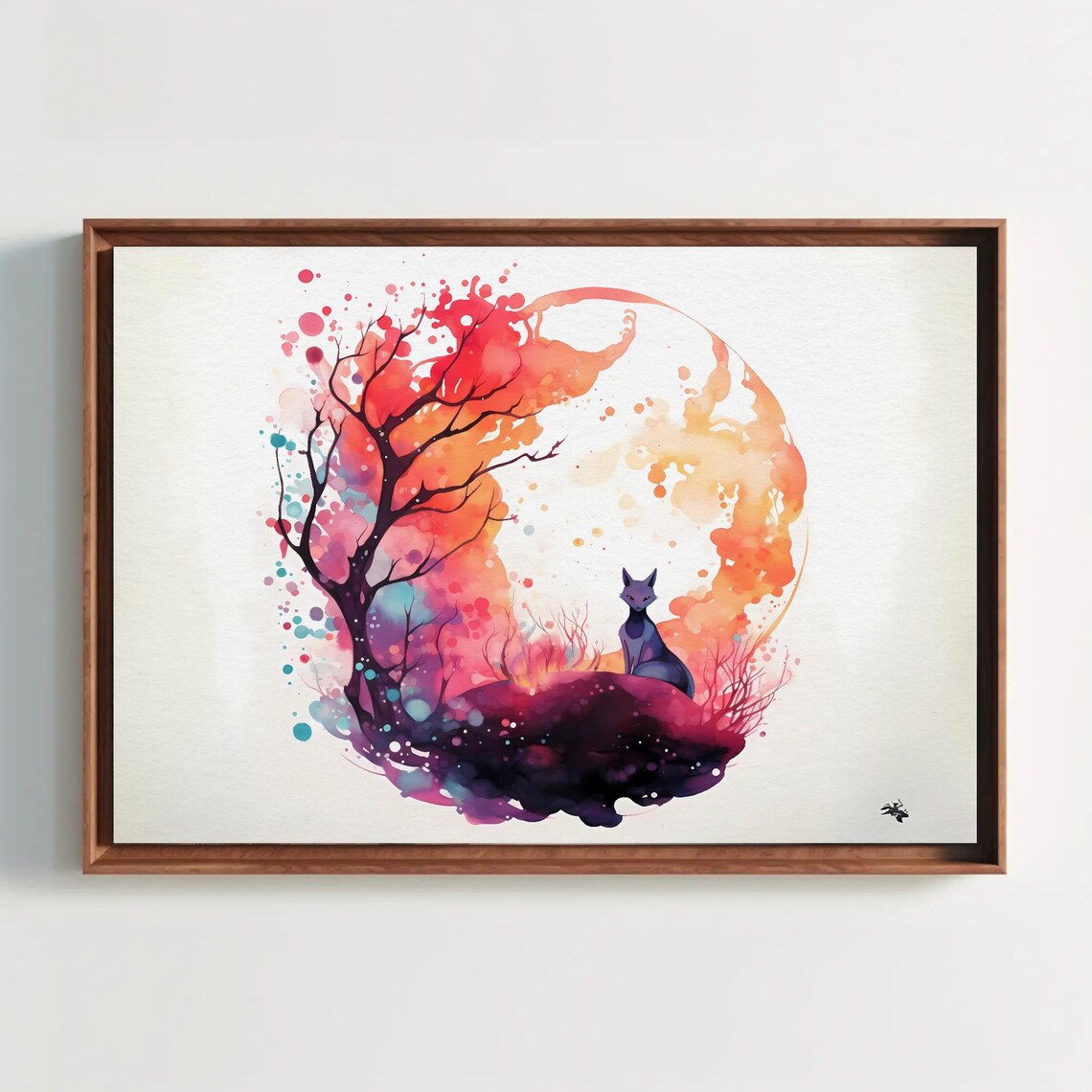 Sitting Fox Fantasy Watercolor Pastel Circle Tree Animal Art Poster