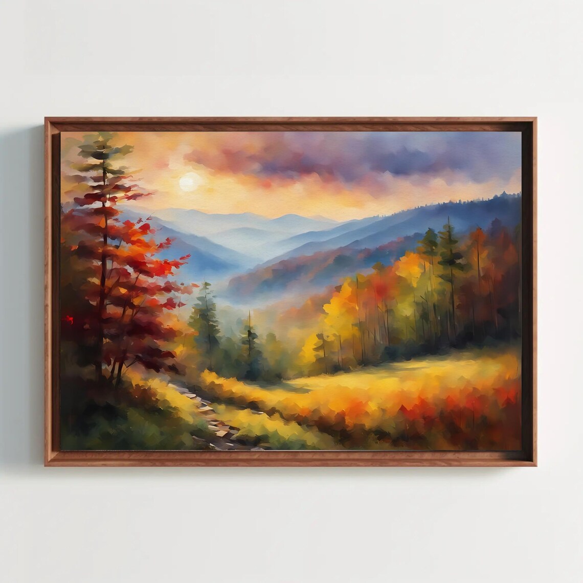 Smoky Mountain Sunrise Vista Autumn Watercolor Landscape Poster
