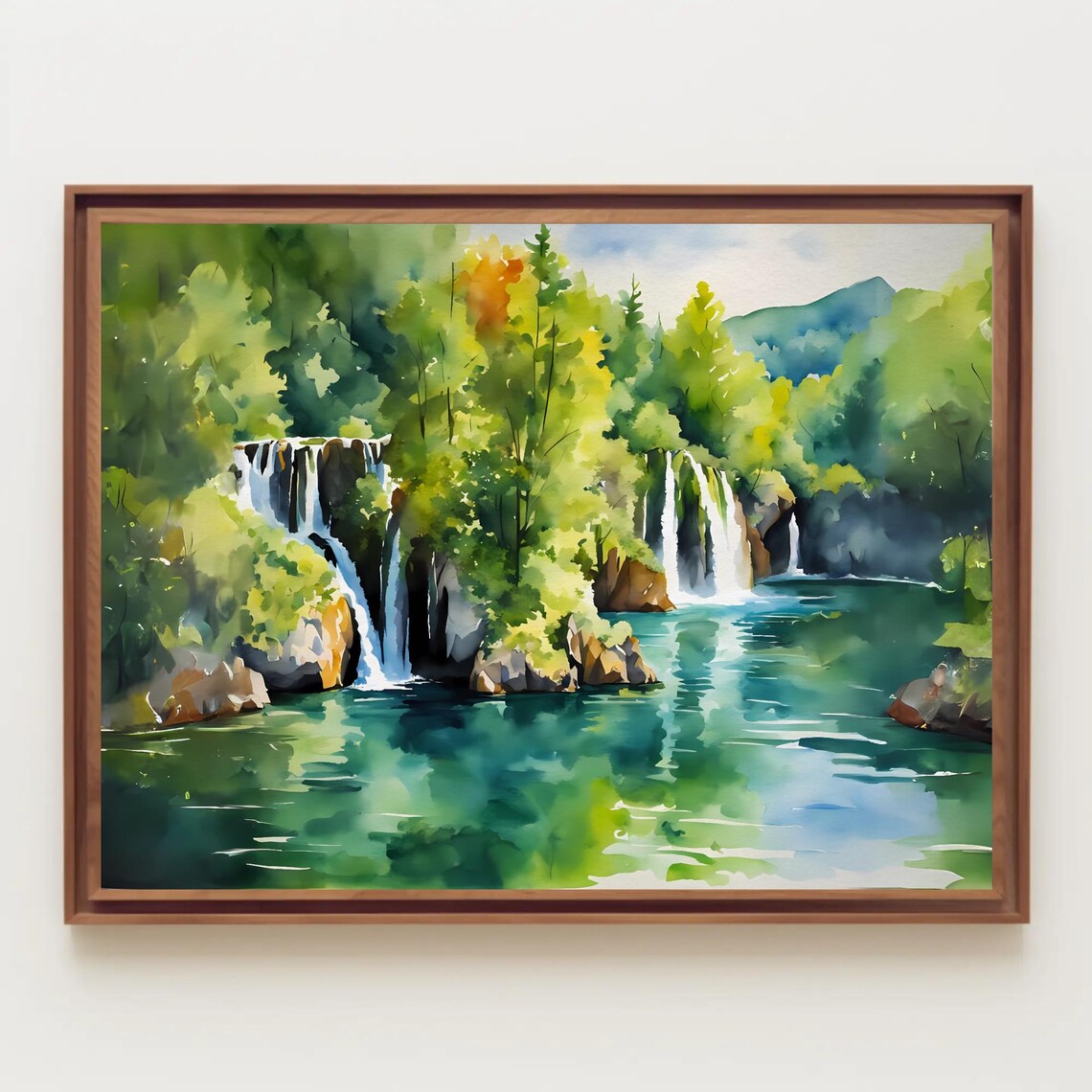 Twin Waterfalls In Lush Green Forest Watercolor Nature Poster