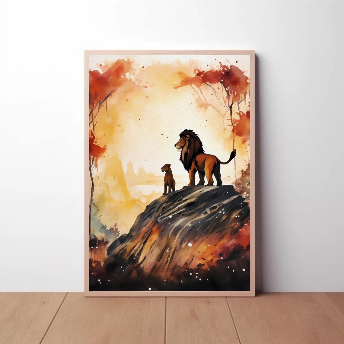 Lion And Cub On Rocky Outcrop Sunset Watercolor Wildlife Poster