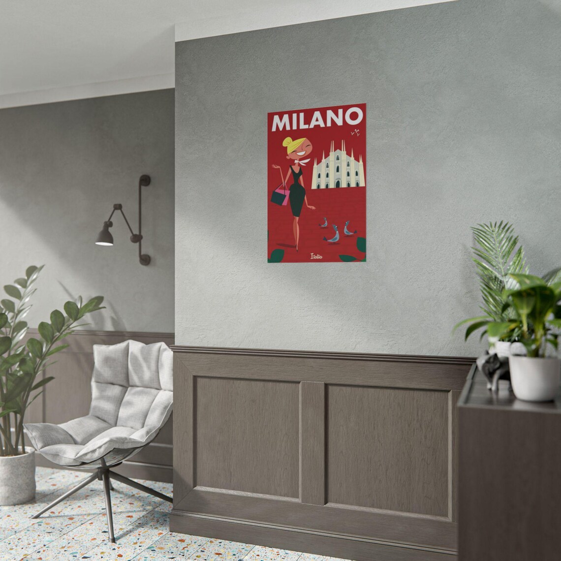 Milano Vintage Red City Travel Poster with Duomo and Chic Woman - Image 3