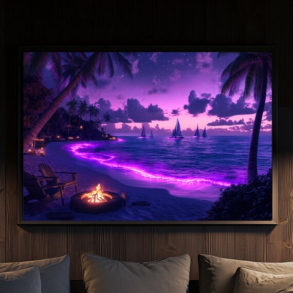 Tropical Beach Night Purple Glowing Surf Palms Bonfire Sailboats Poster