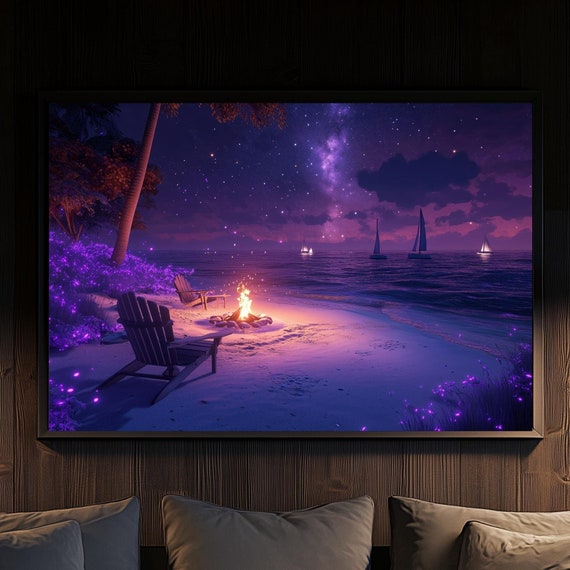 Dreamy Beach Night Art Print Bioluminescent Ocean Glow Starry Sky And Fire Pit Coastal Decor Purple Seaside Scene