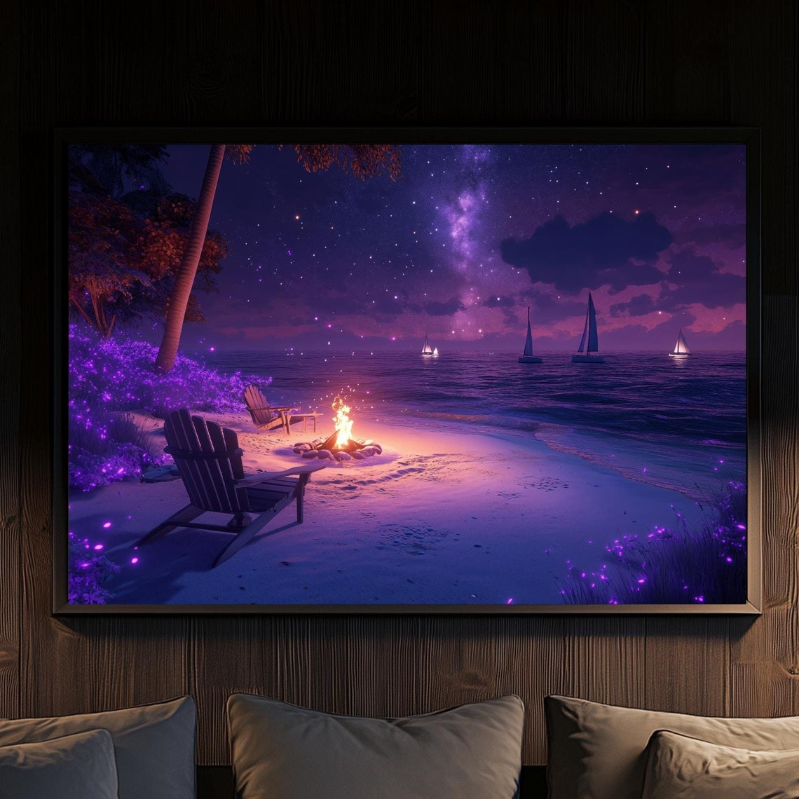 Starry Beach Bonfire Night Purple Glow Sailboats Palm Trees Poster