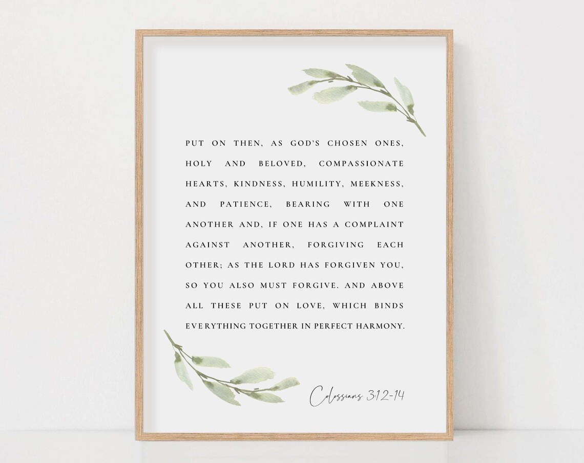 Colossians 3:12-14 Bible Verse Watercolor Botanical Art Print