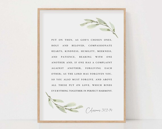 Colossians 3:12-14 Bible Verse Watercolor Botanical Art Print