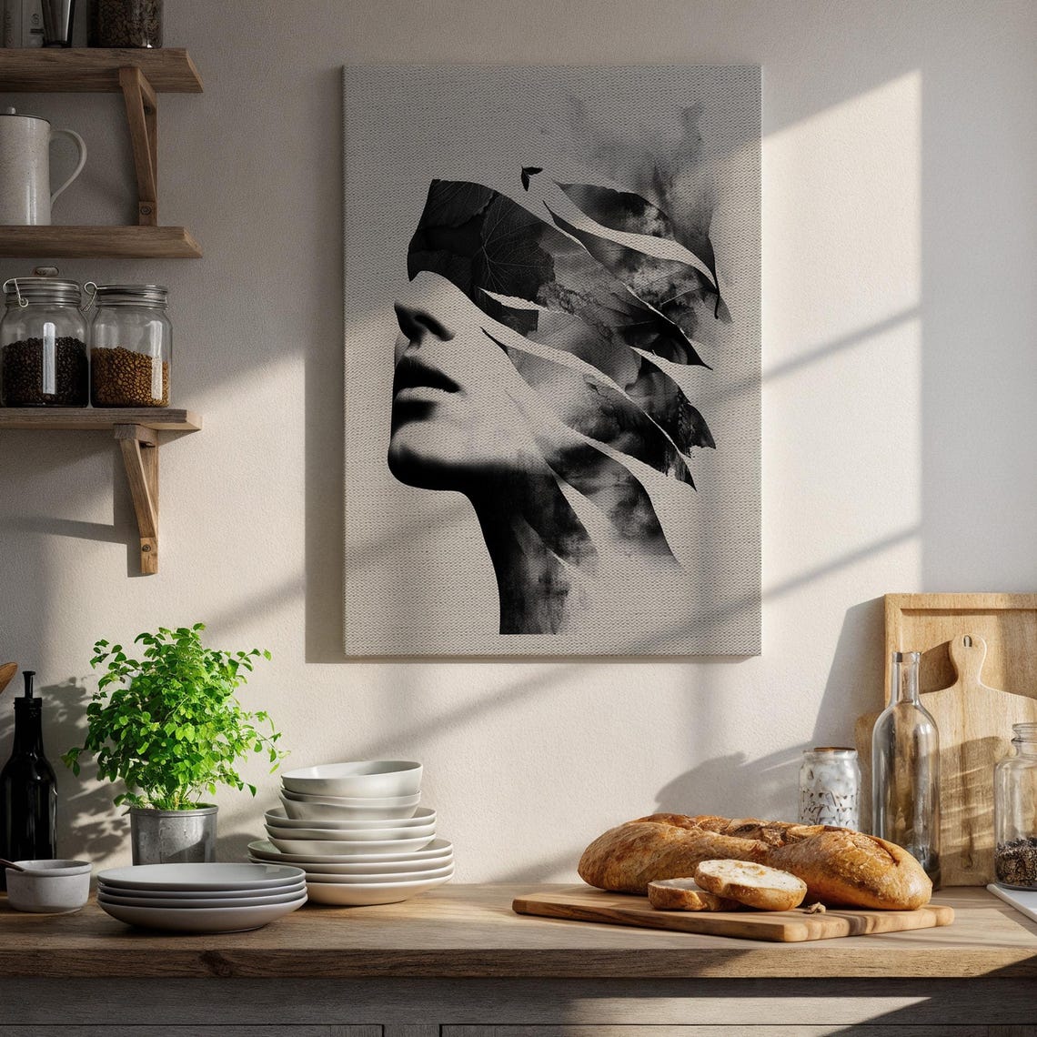 Black And White Woman Face Feather Art Minimalist Style Poster