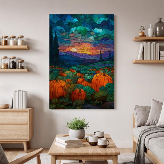 Stained Glass Pumpkin Field Sunset Mountain Landscape Canvas Wall Art