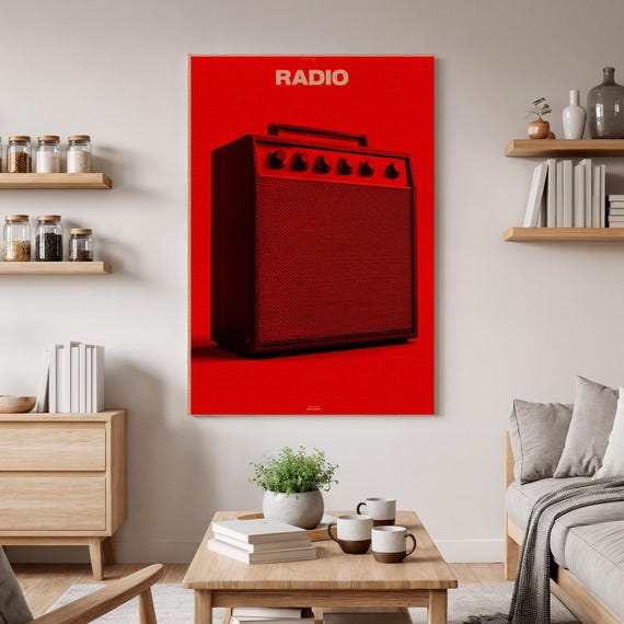 Retro Radio Amp Canvas Wall Art Bold Red Music Vintage Audio Decor Print Modern Musician Room Contemporary