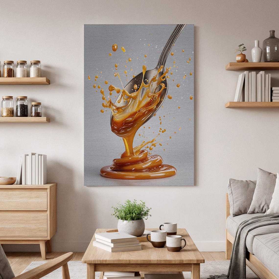 Golden Caramel Splash Dripping From a Spoon Modern Kitchen Poster
