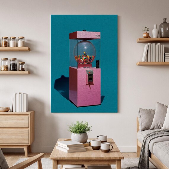 Retro Pink Gumball Machine Pop Art Poster Teal Background Playful Decor
