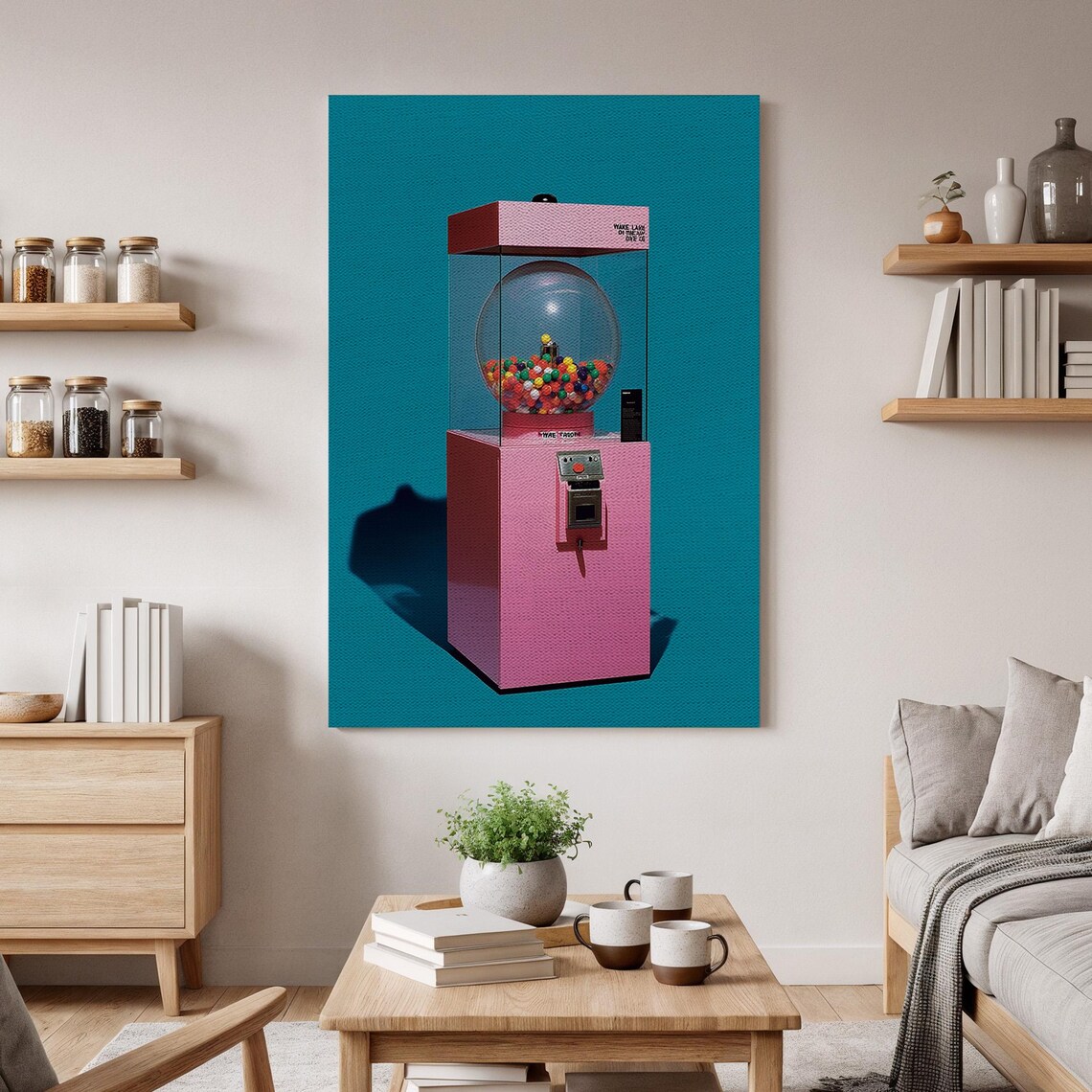 Retro Pink Gumball Machine Pop Art Poster Teal Background Playful Decor
