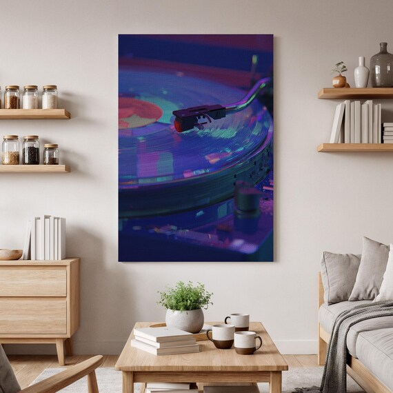 Neon Turntable Vinyl Record Close Up Moody Music Art Style Poster