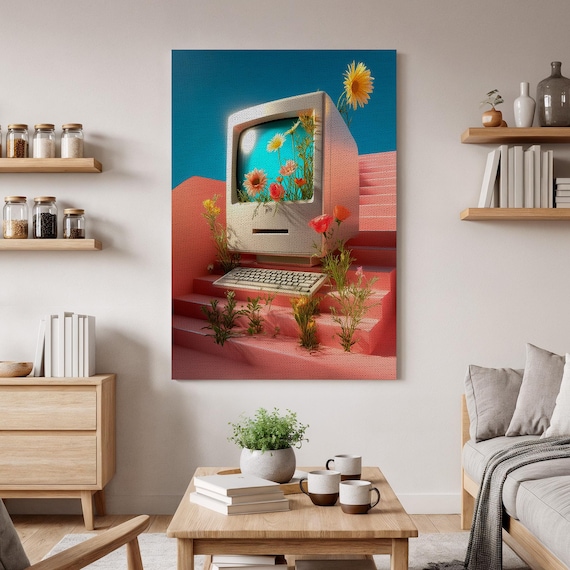 Vintage Computer Blooming Flowers Retro Tech Surreal Pop Poster