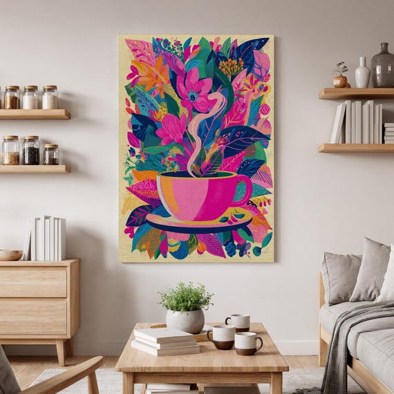Floral Coffee Cup Canvas Art Vibrant Pink With Flowers And Steaming Swirl Colorful Modern For Playful Home Decor