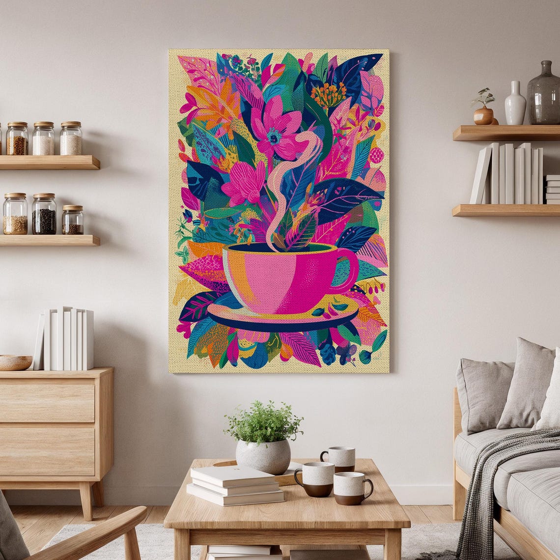 Pink Floral Coffee Cup Steam Bloom Botanical Colorful Canvas Poster