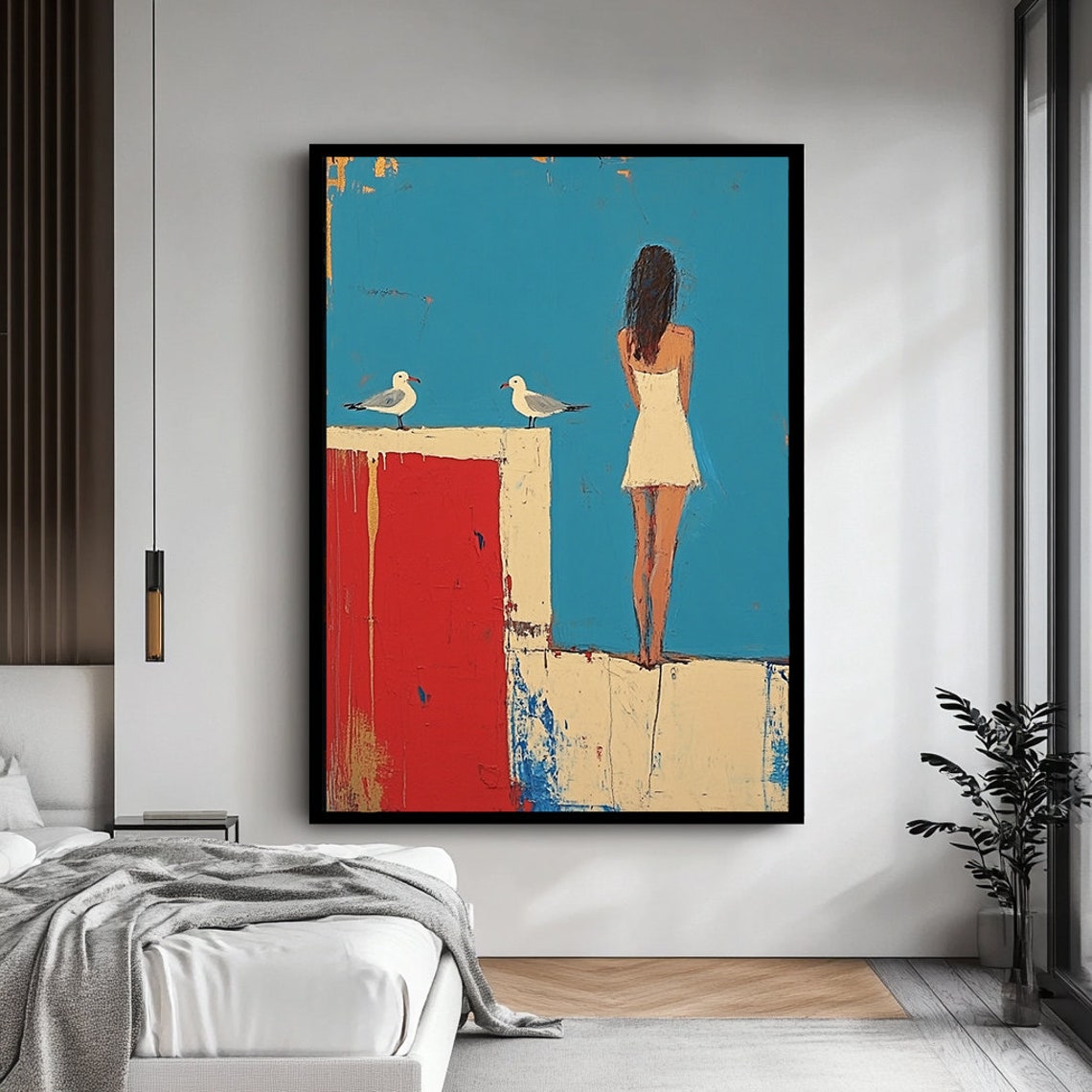 Girl With Seagulls on Coastal Wall Contemporary Minimalist Art Poster - Image 4