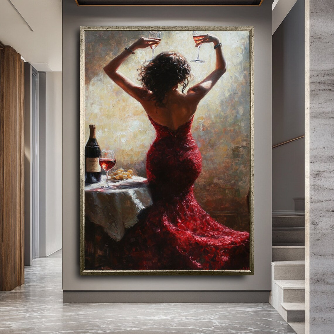 Woman Red Gown Wine Glasses Elegant Celebration Oil Painting Glamour Wall Poster