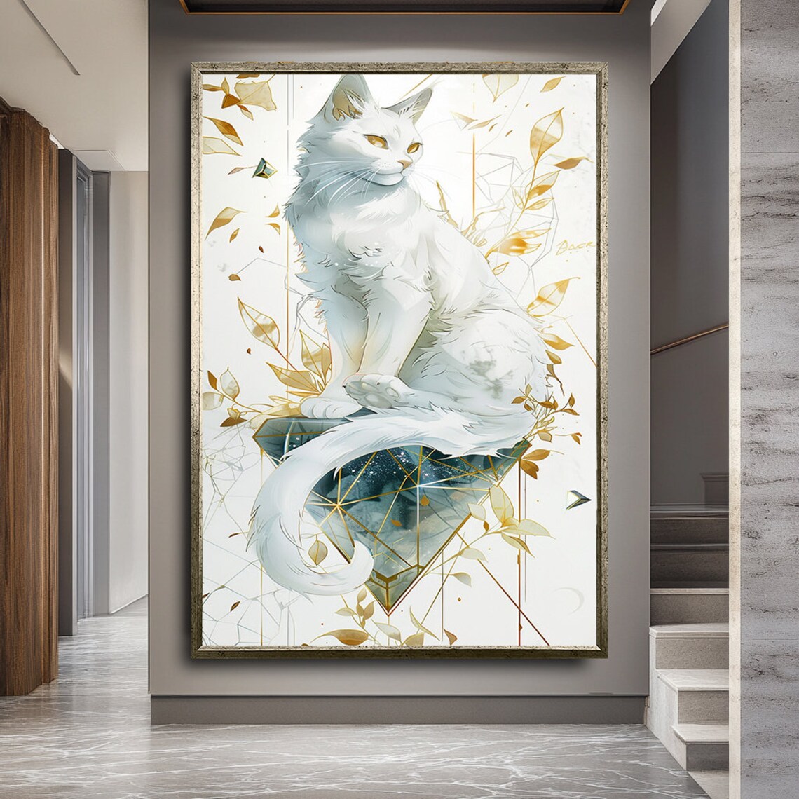 Elegant White Cat Golden Leaves Geometric Feline Portrait Poster - Image 2