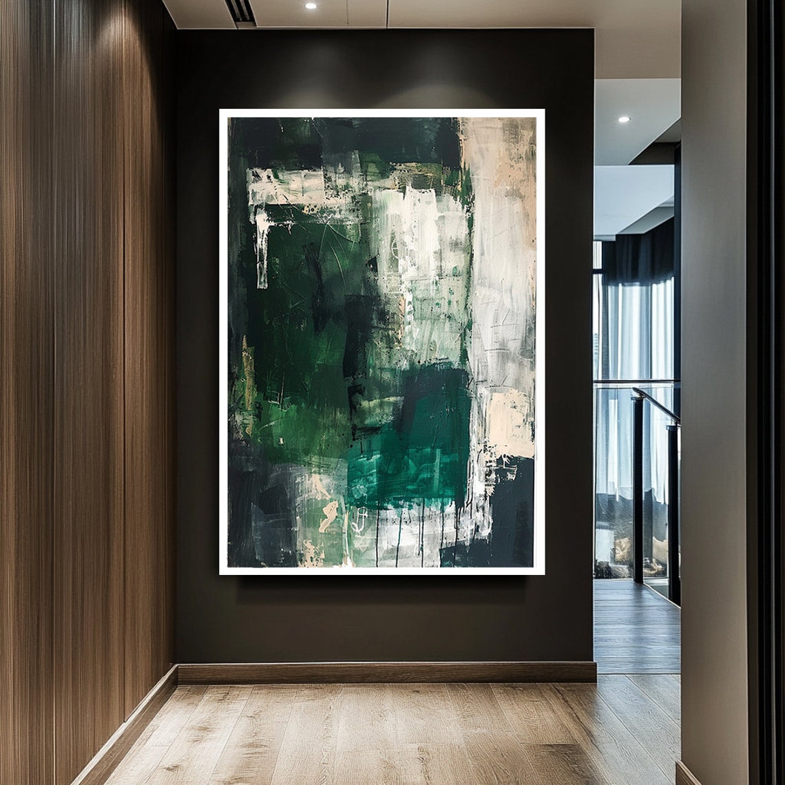 Dark Green White Abstract Brushstroke Modern Painting Art Poster - Image 2