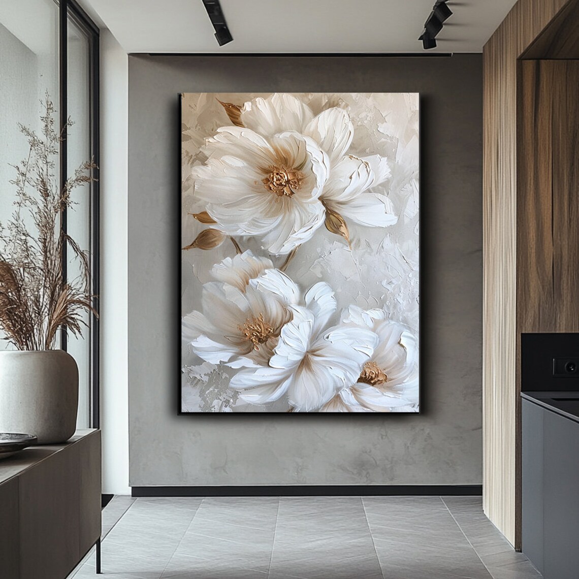 White Peony Blossoms Textured Floral Oil Painting Wall Poster