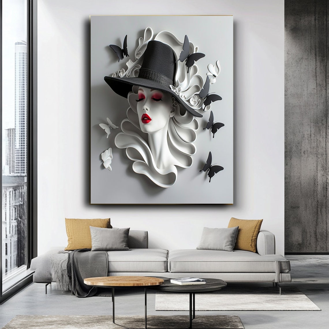 Paper Art Woman Hat Butterflies Red Lips 3D Sculptural Art Poster - Image 3