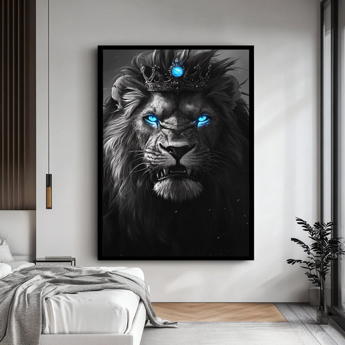Lion With Blue Eyes and Crown Animal Art Print - Image 4