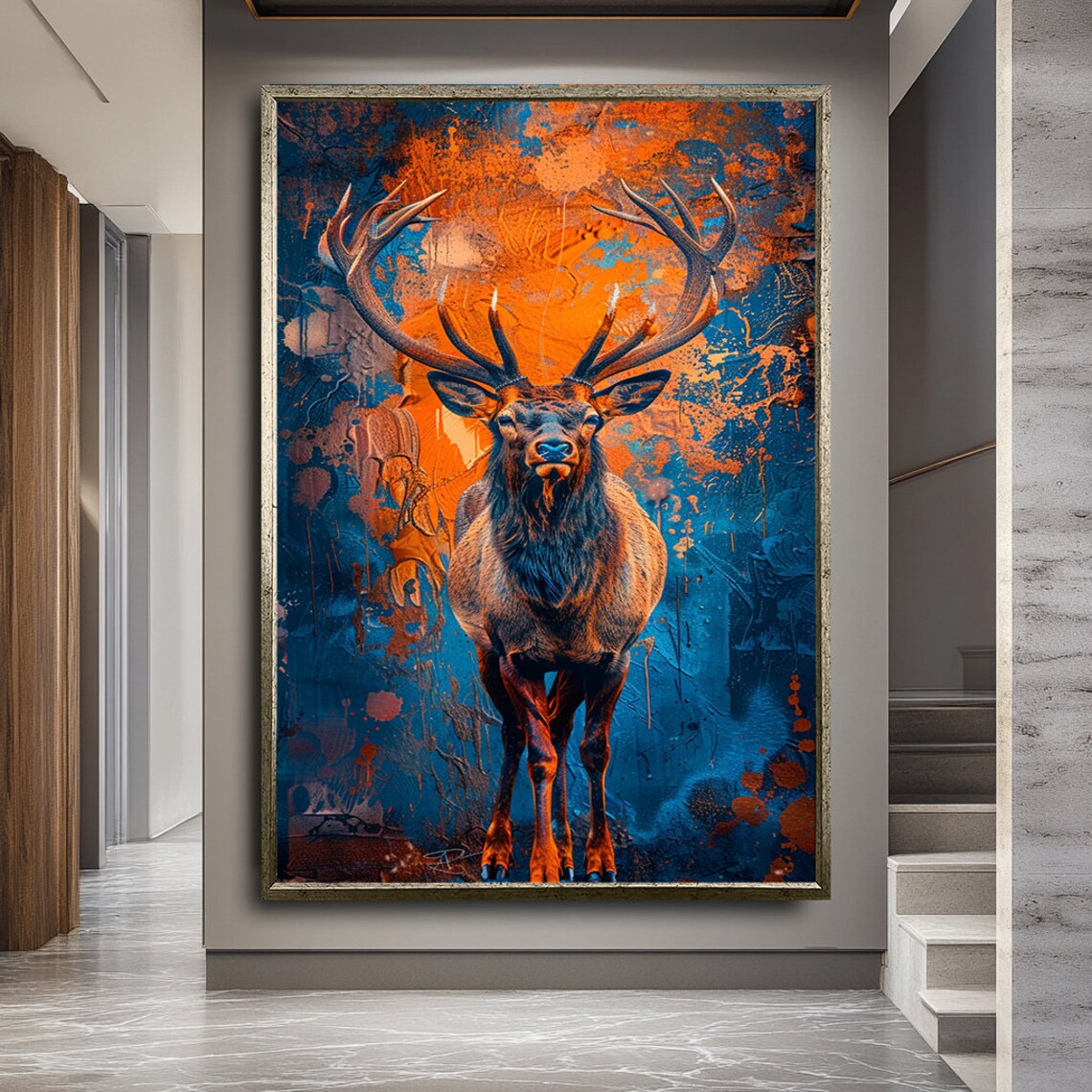 Majestic Stag Antlers Orange Blue Abstract Deer Wall Art Poster - Image 2