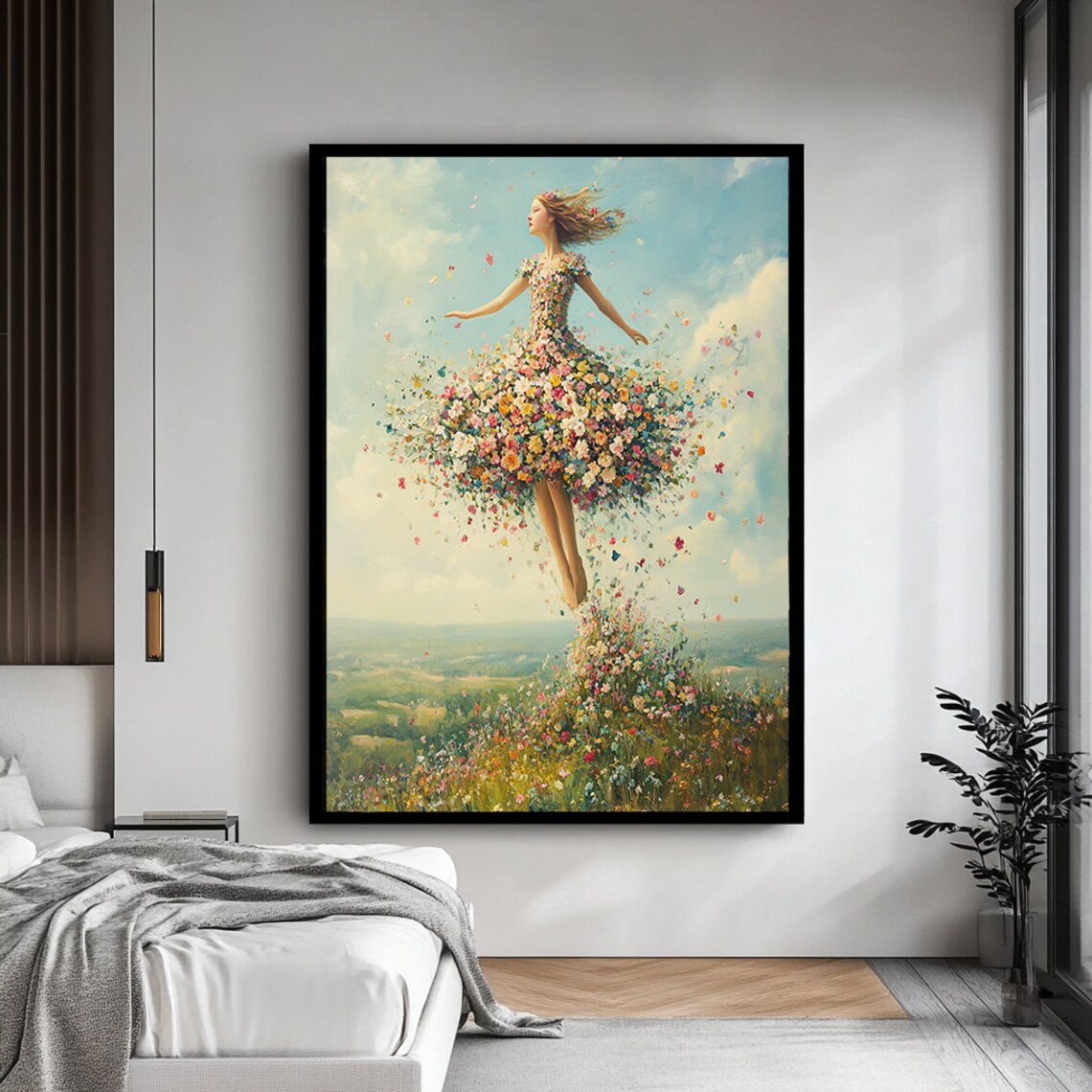 Woman Dancing In Dress Made Of Flowers Over A Meadow Sky Wall Art - Image 4