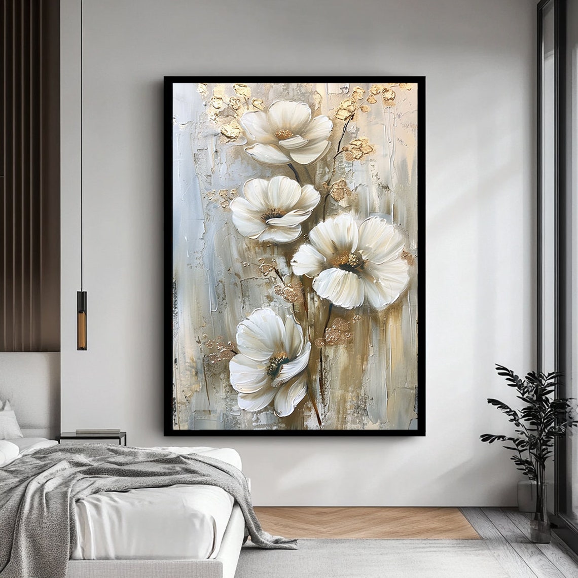 White Anemone Flowers In Impasto Style Painterly Floral Wall Art - Image 4