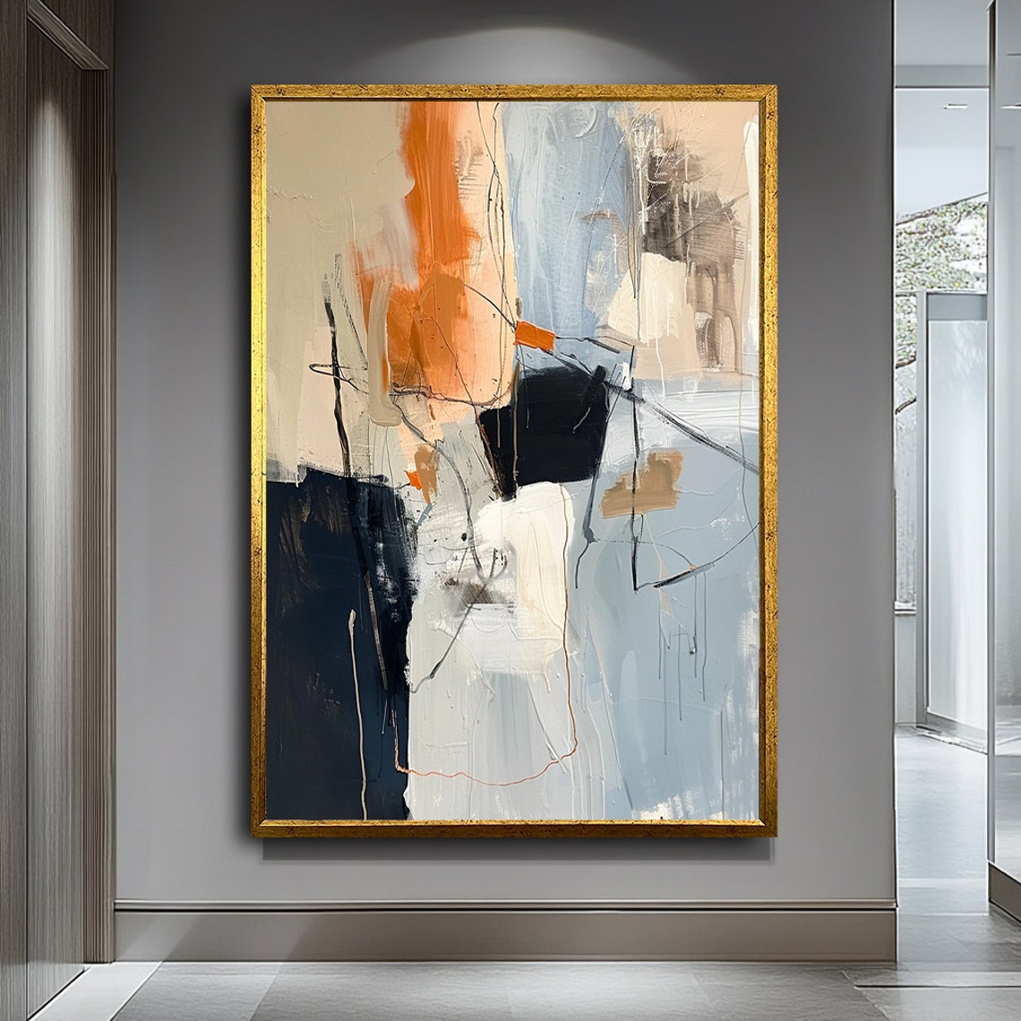 Orange Blue Grey Abstract Brushstroke Scribble Modern Art Poster