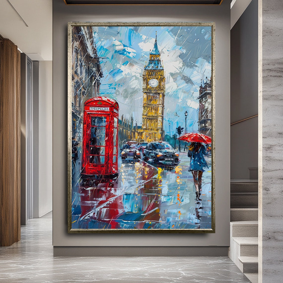 London Big Ben Red Phone Box Rainy Street Oil Painting Poster - Image 2