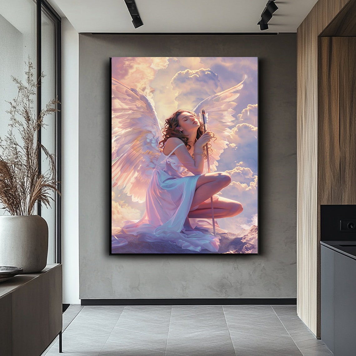 Guardian Angel With White Wings Kneeling Among Heavenly Clouds Poster