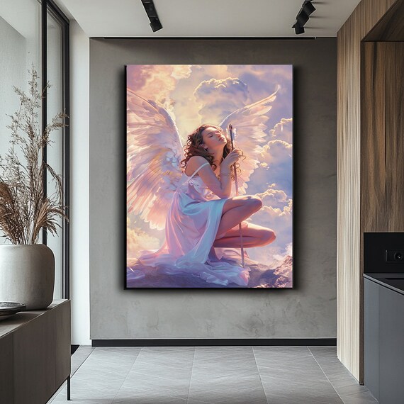 Guardian Angel With White Wings Kneeling Among Heavenly Clouds Poster