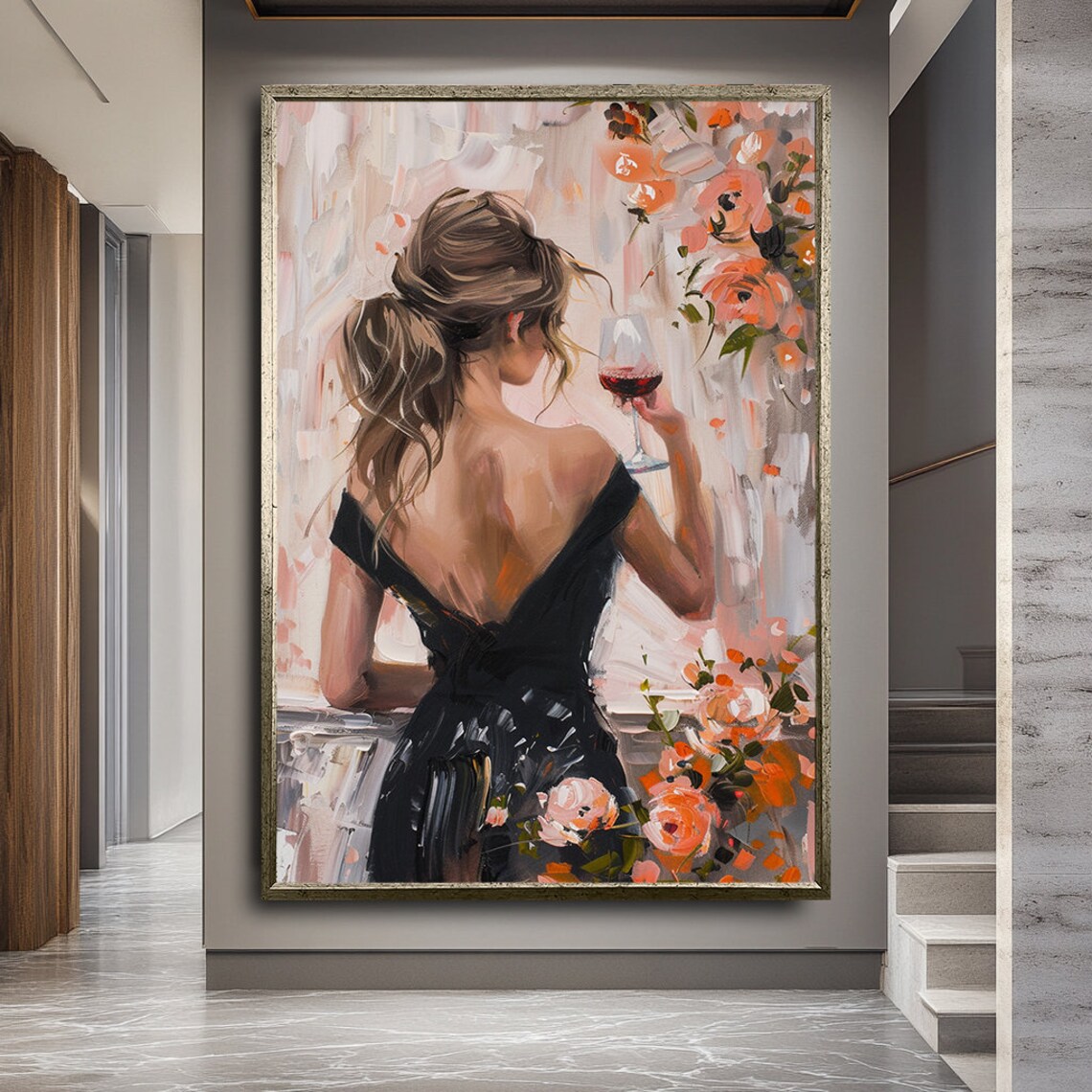 Elegant Woman Black Dress Holding Wine Glass Floral Elegance Poster