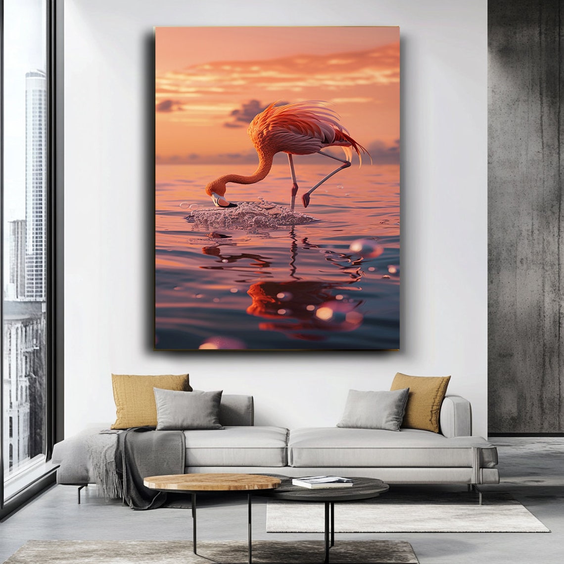 Flamingo Drinking Water Sunset Orange Reflection Bird Art Poster - Image 3